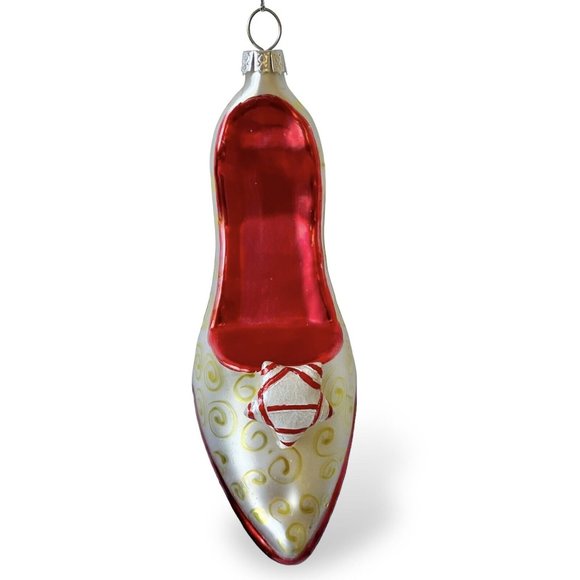 Blown Glass Stilleto High Heeled Shoe Ornament, Hand Painted Red Silver & Gold - Picture 5 of 9